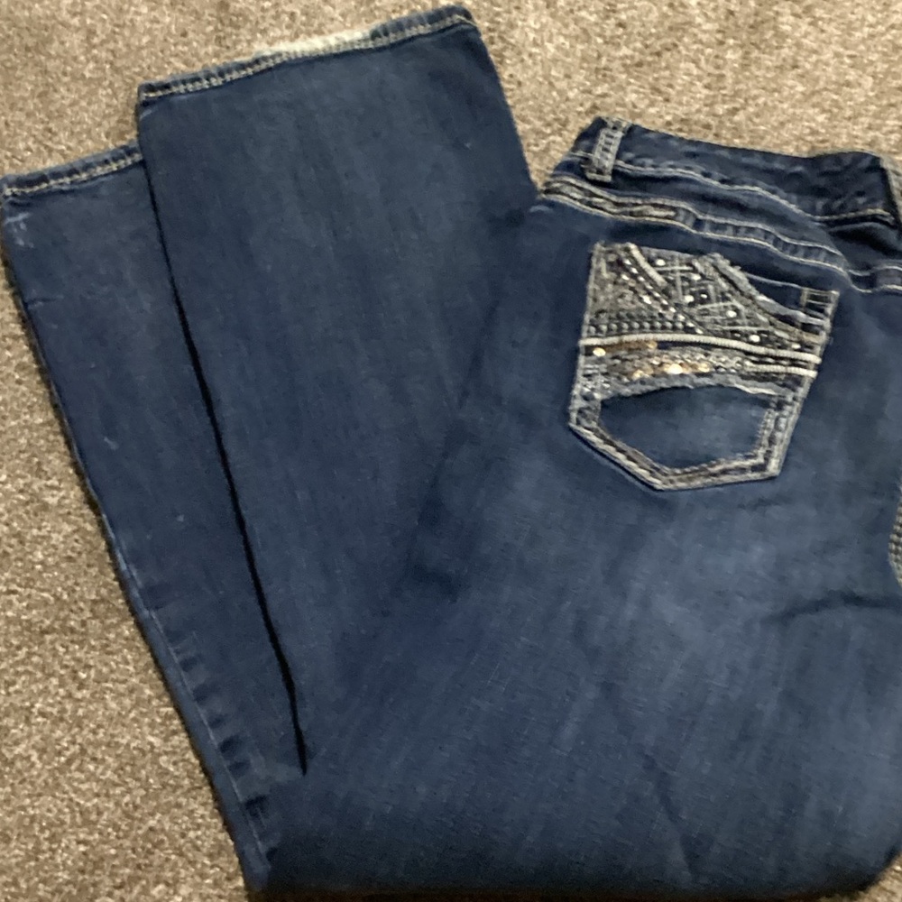 Maurices Dark Blue Flare Jeans with Embellished Pocket